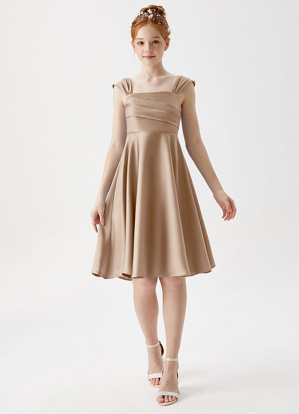 Azazie Amira Junior Taupe A-Line Pleated Stretch Satin Dress image1