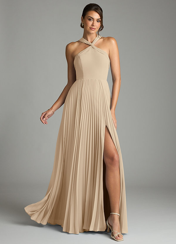 Azazie Afra Abiti da Damigella Abito A-Line in Chiffon Plissettato Champagne image1