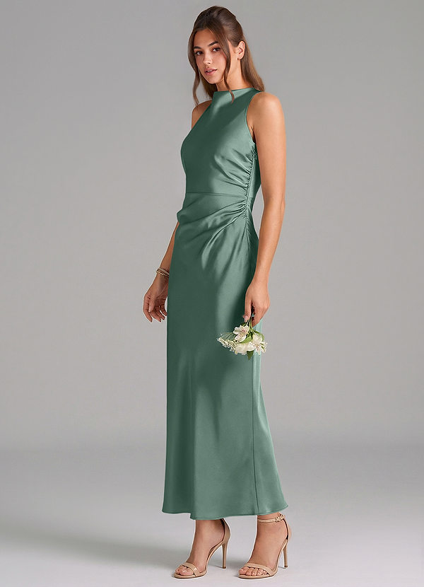 Azazie Evadne Vestidos Dama de Honor Vestido de Eucalipto de Satén Elástico de Corte Recto con Plisado image1