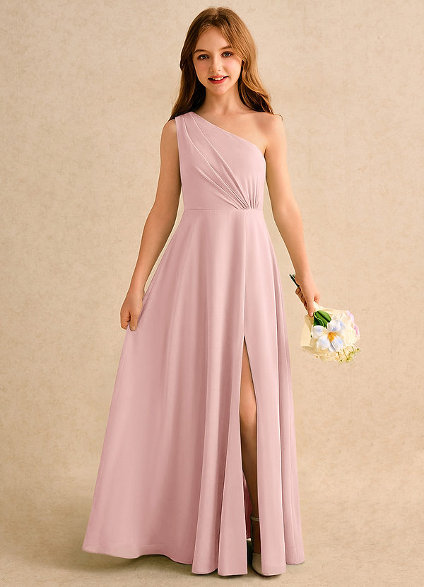 Azazie Puddles Girls Formal Flower Girl Dresses Powder Pink A-Line One Shoulder Chiffon Dress image1