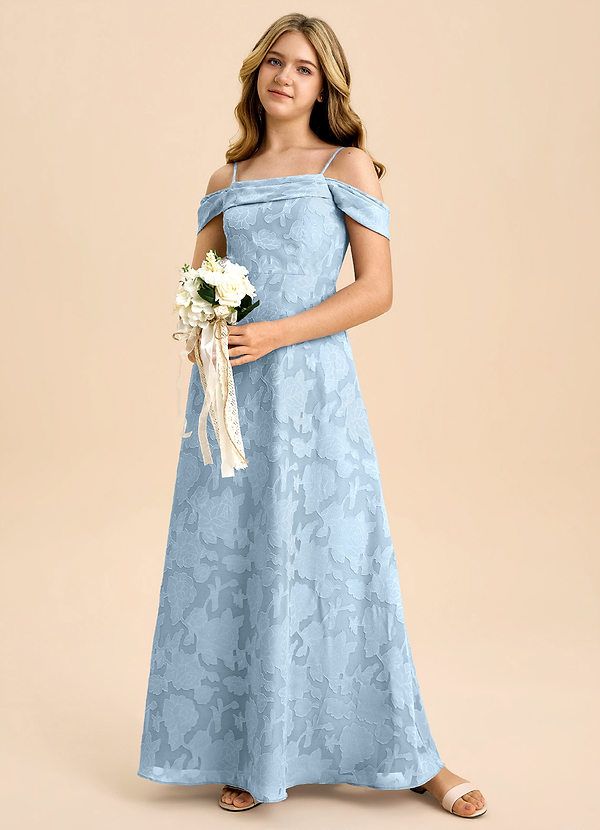 Azazie Anselie Junior Sky Blue A-Line Off the Shoulder Floral Burnout Dress image1