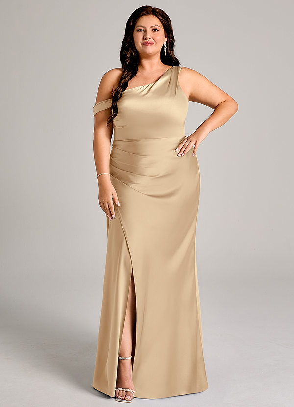 Azazie Madelyn Bridesmaid Dresses Champagne Mermaid One Shoulder Stretch Satin Convertible Dress image1