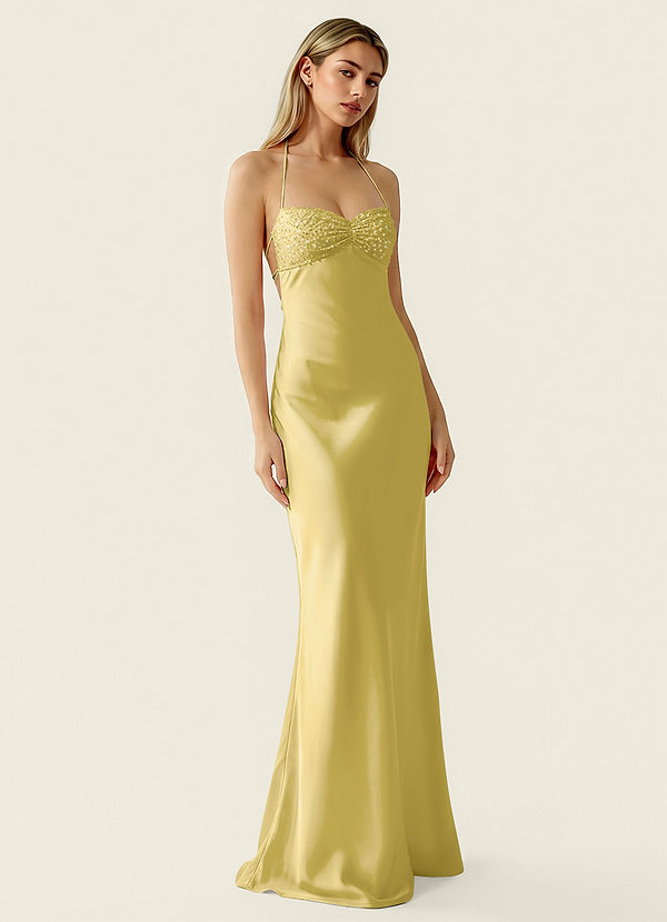 Valerianaire Amarillo Pastel Vestido de fiesta de satén con abalorios image1