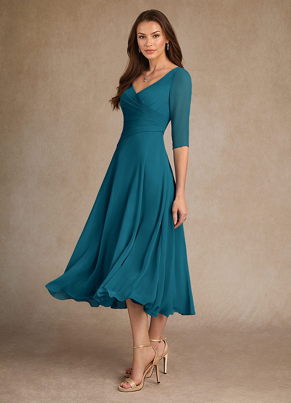 Azazie Durant Mother of the Bride Dresses Vestir Tinta Azul de Chiffon de Linha A com Plissado image1