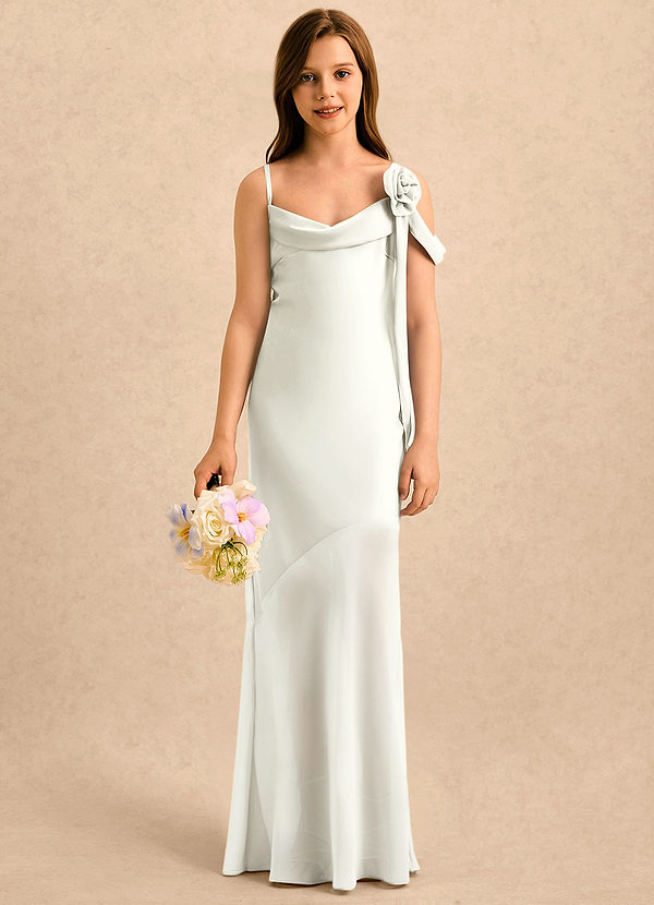 Azazie Kai Girls Formal Sukienki dla dziewczynek sypiących kwiaty Osłona Pofałdowany Satyna elastyczna Długość podłogi Sukienka image1
