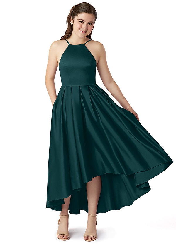 Azazie Jemima Junior Pine A-Line with Pockets Stretch Satin Dress image1