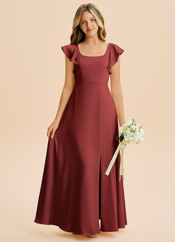 Azazie Bondi Junior Robe Trapèze en Satin extensible Fente latérale Terracotta image1