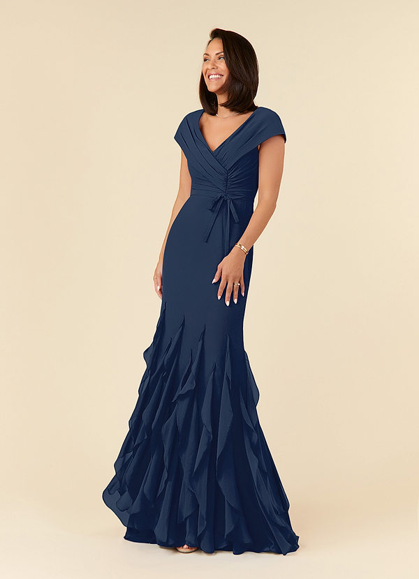 Azazie Bailora Mother of the Brides Dresses Dark Navy Mermaid Ruched Chiffon Dress image1