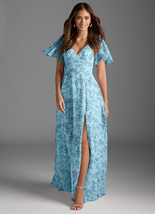 Azazie Kimber Bridesmaid Dresses Blue Fern Floral A-Line Flounce Sleeve Chiffon Dress image1