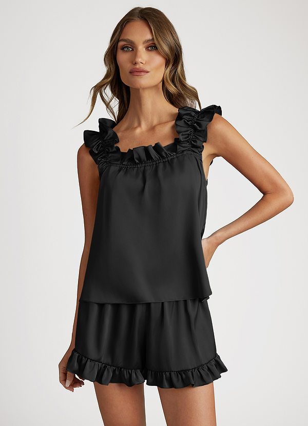 front Negro Conjunto de pijama de satén convertible con tirantes y volantes