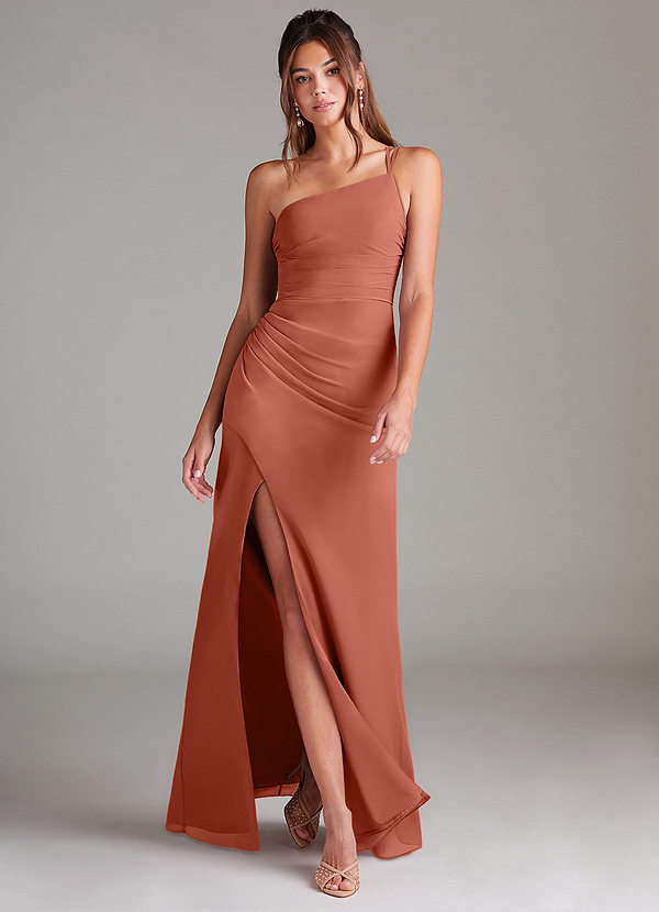 Azazie Eren Bridesmaid Dresses Clay Sheath One Shoulder Chiffon Dress image1