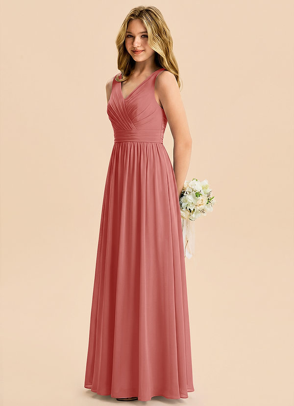 Azazie Kora Junior Abito A-Line in Chiffon Plissettato Rosa Antica image1