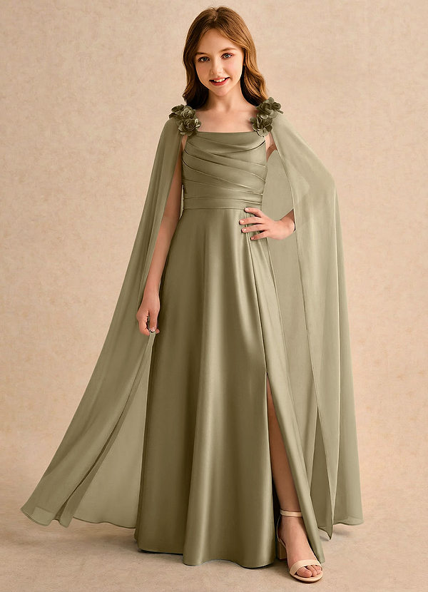 Azazie Rosita Girls Formal Blomsterpigekjoler A-Line Plisseret Stræk satin Gulv-længde Kjole image1