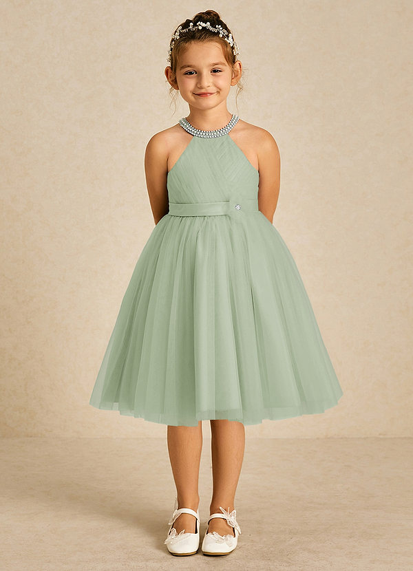 Azazie Honey Vestidos de Niña de Flores Vestido de Salvia Polvorienta de Satin Mate de Corte En A con Perla image1