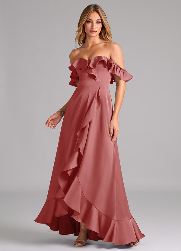 Azazie Lyra Bridesmaid Dresses Antique Rose A-Line Off the Shoulder Stretch Satin Convertible Dress image1