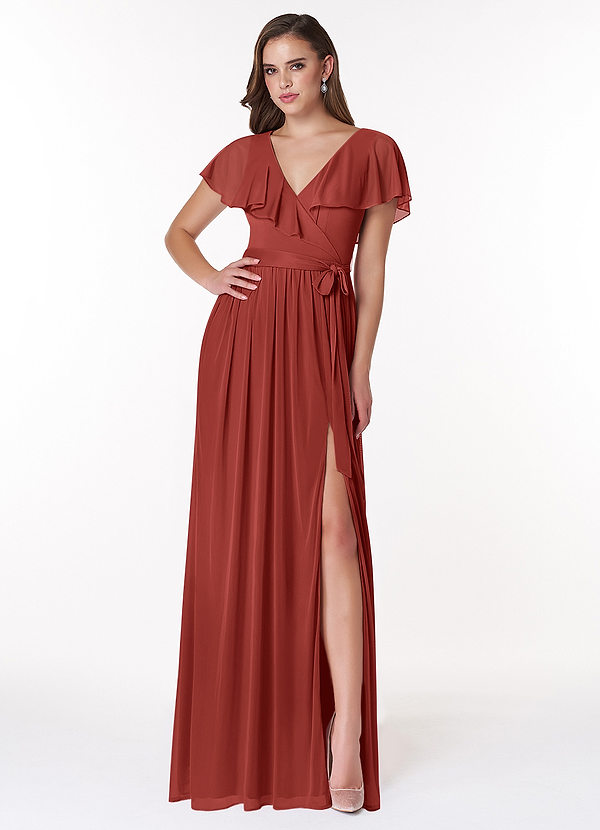 Azazie Jael Bridesmaid Dresses Terracotta A-Line V-Neck Mesh Dress image1