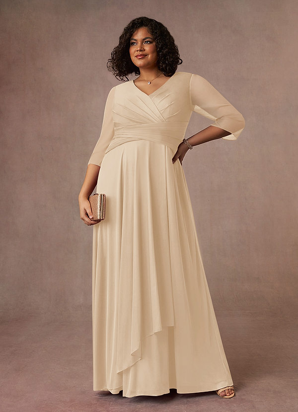 Azazie Annetta Robe Mère de la Mariée & du Marié Robe Trapèze en Maille Col en V à manches longues Champagne image1