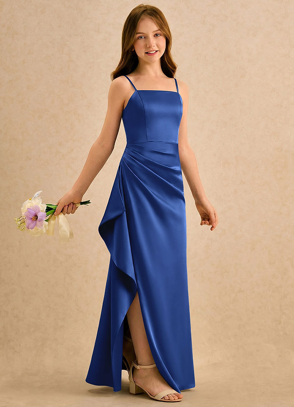 Azazie Cannoli Girls Formal Sukienki dla dziewczynek sypiących kwiaty Linia A Pofałdowany Satyna elastyczna Długość podłogi Sukienka image1