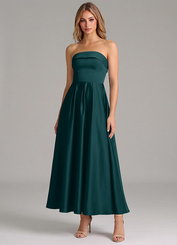 Azazie Lucienne Bridesmaid Dresses Pine A-Line Pleated Stretch Satin Dress image1