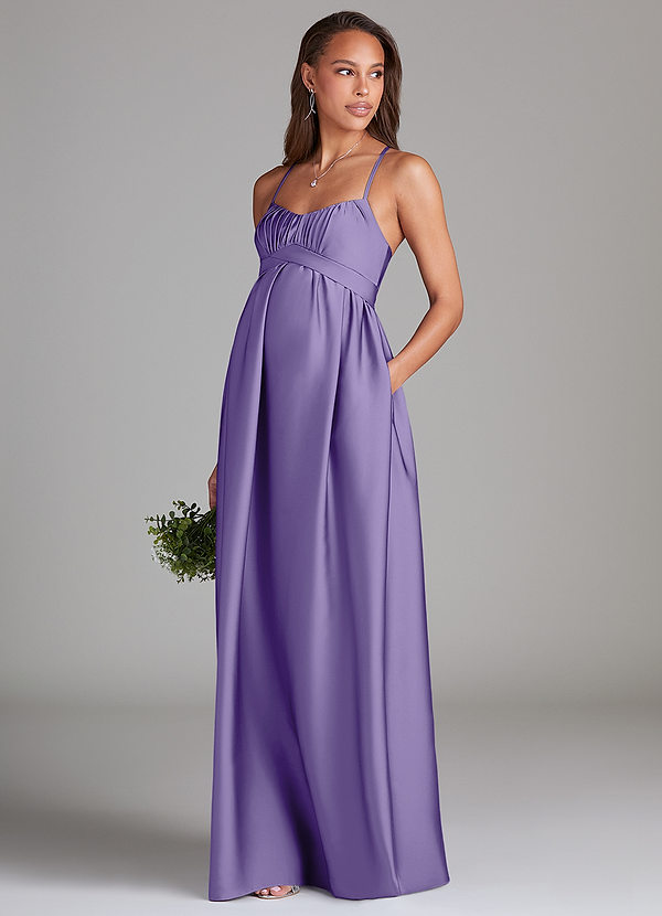 Azazie Llana Maternity Bridesmaid Dresses A-Line Stretch Satin Floor-Length Dress with Pockets image1