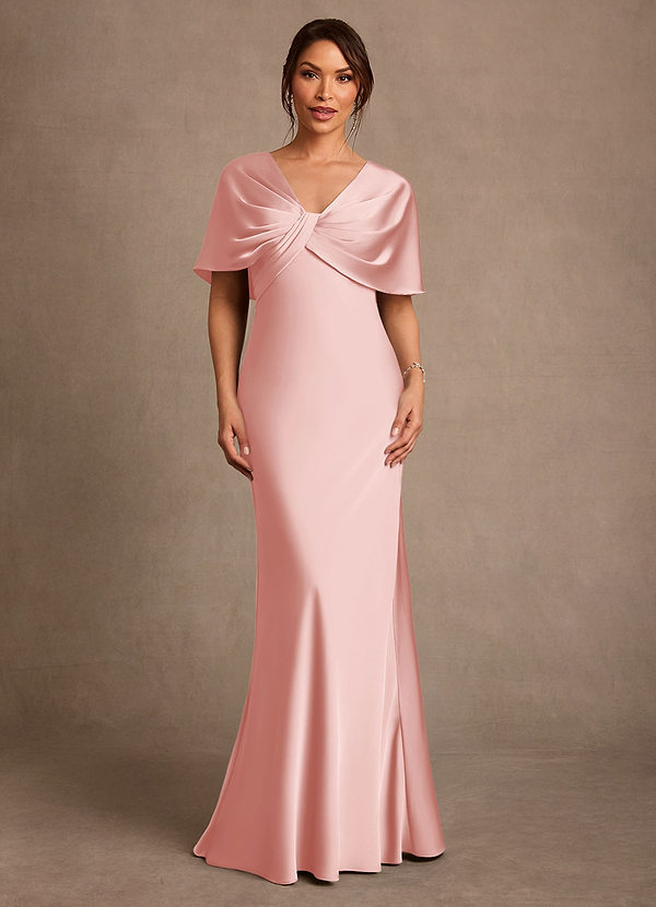 Azazie Dosia Mother of the Brides Dresses Powder Pink Sheath Pleated Stretch Satin Dress image1
