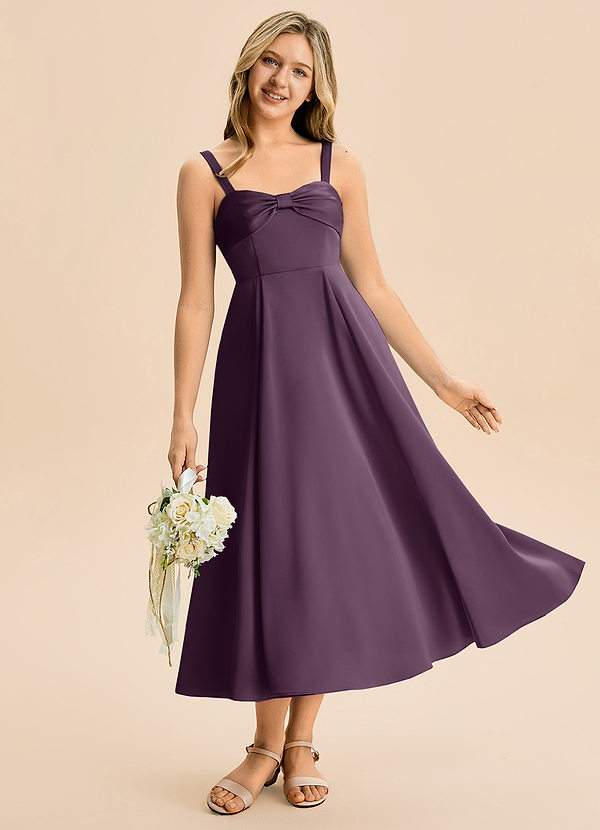 Azazie Ramona Junior Vestido de Ciruela de Satén Elástico de Corte en A con Escote de Corazón image1