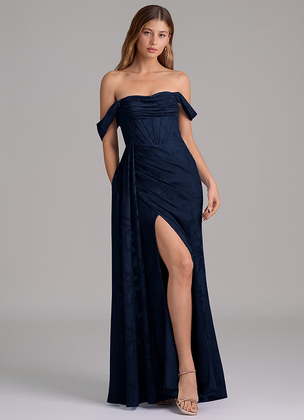 Azazie Amyra Brautjungfernkleider Wandelbar Meerjungfrau-Linie Schulterfrei Blumen-Burnout Kleid Dunkelmarine image1