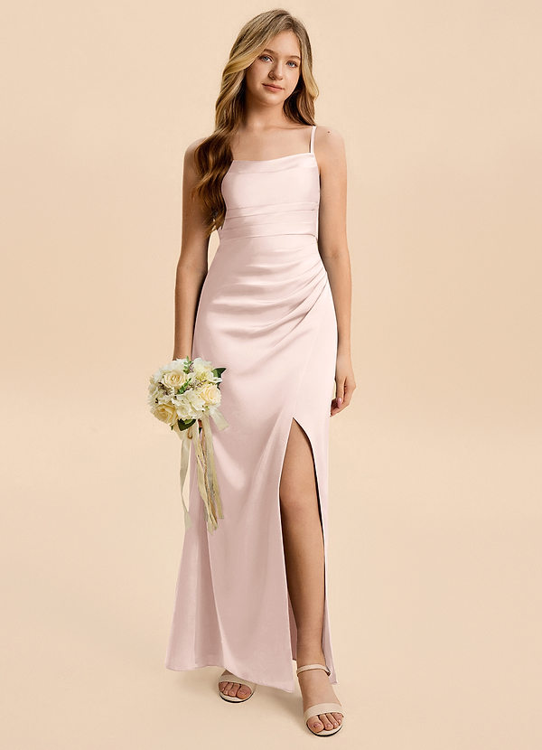 Azazie Minnie Junior Robe Trapèze en Satin extensible Rayé Rose Pâle image1