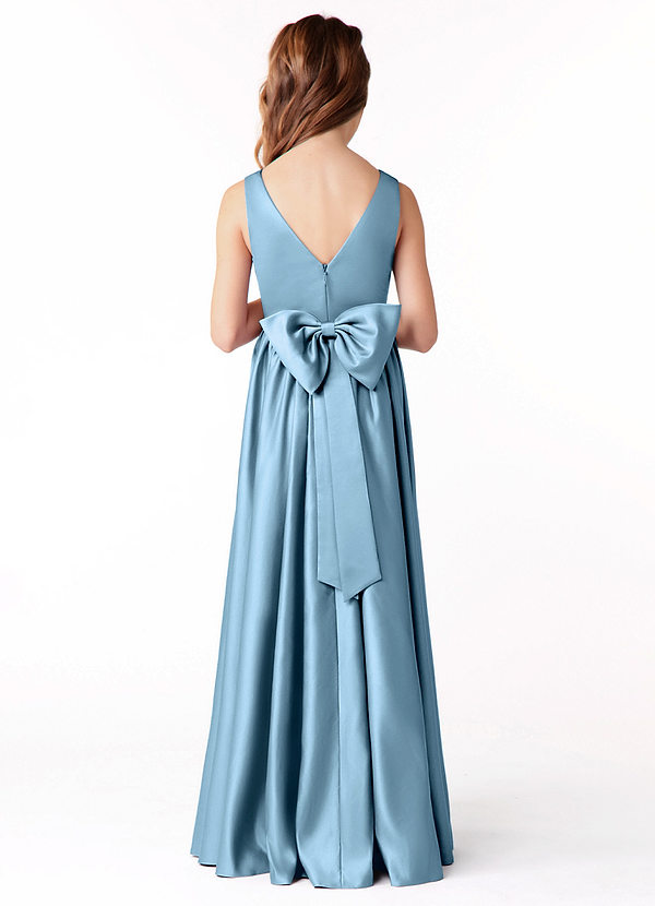Azazie Hathaway Junior Vestido Aço Azul de Cetim elástico de Linha A com Arco image1