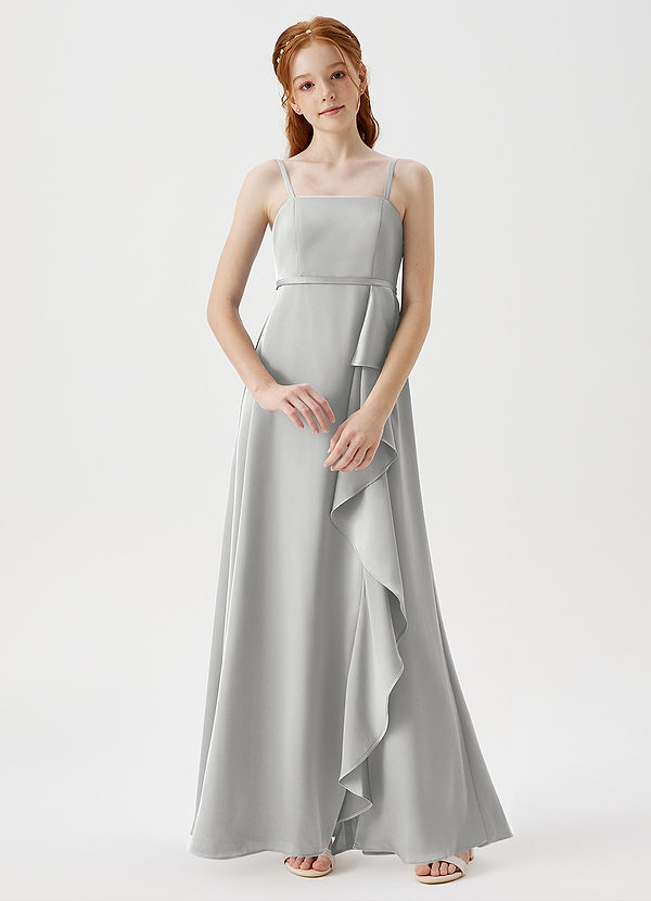 Azazie Kaylee Junior Silver A-Line with Belt Stretch Satin Dress image1