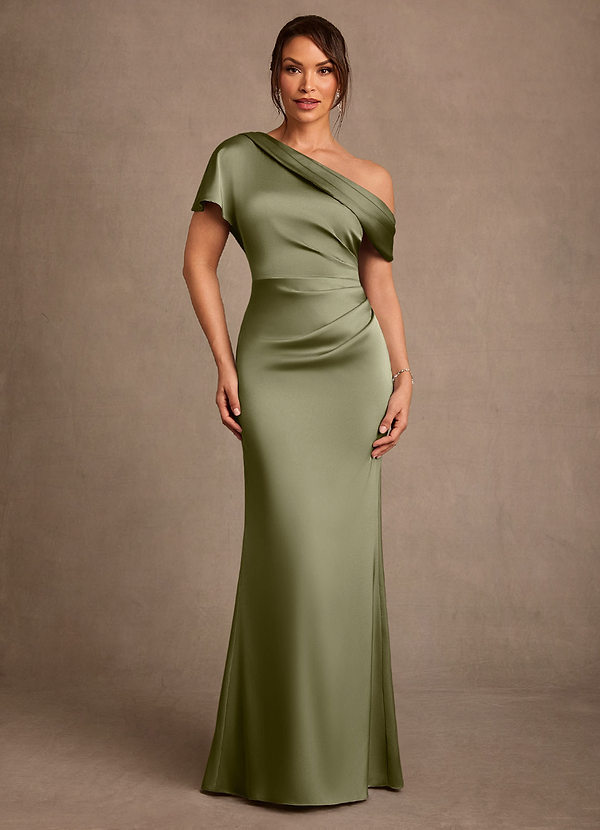 Azazie Rutha Vestidos de Madre de la Novia Vestido de Pistacho de Satén Elástico de Corte Recto con Hombro unilateral image1
