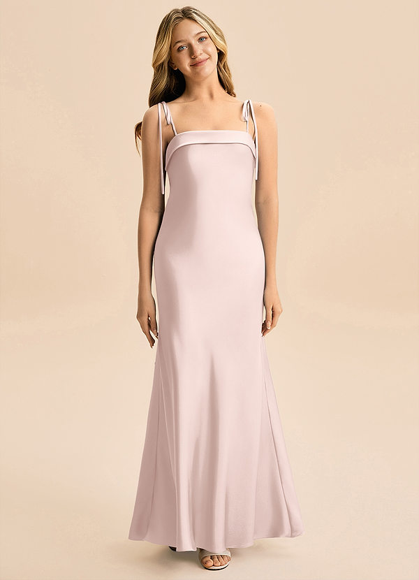 Azazie Willa Junior Blushing Pink A-Line Bow Stretch Satin Dress image1