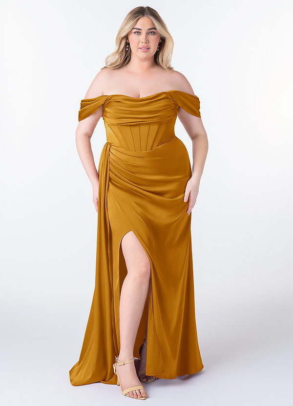 Azazie Amyra Robes Demoiselle d'honneur Robe Fourreau Convertible en Satin extensible Épaule décolletée Caramel écossais image1