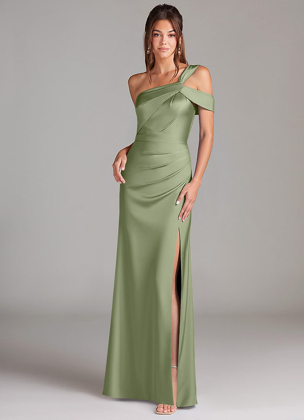 Azazie Wynter Bridesmaid Dresses Pistachio Sheath One Shoulder Stretch Satin Dress image1