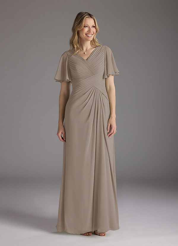 Azazie Morning Glory Mother of the Brides Dresses Taupe A-Line V-Neck Ruched Chiffon Dress image1