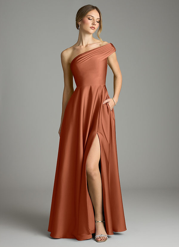 Azazie Melanie Suknie dla druhen Linia A Zza ramienia Satyna elastyczna Do ziemi Sukienka image1