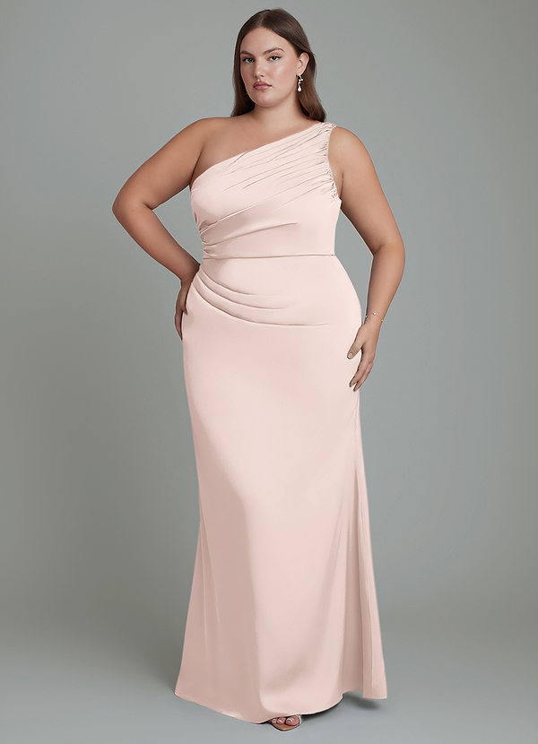Azazie Akilah Vestidos de dama de honor Vestido Rosa Rubor de Satén Elástico de Corte Sirena con Un hombro image1