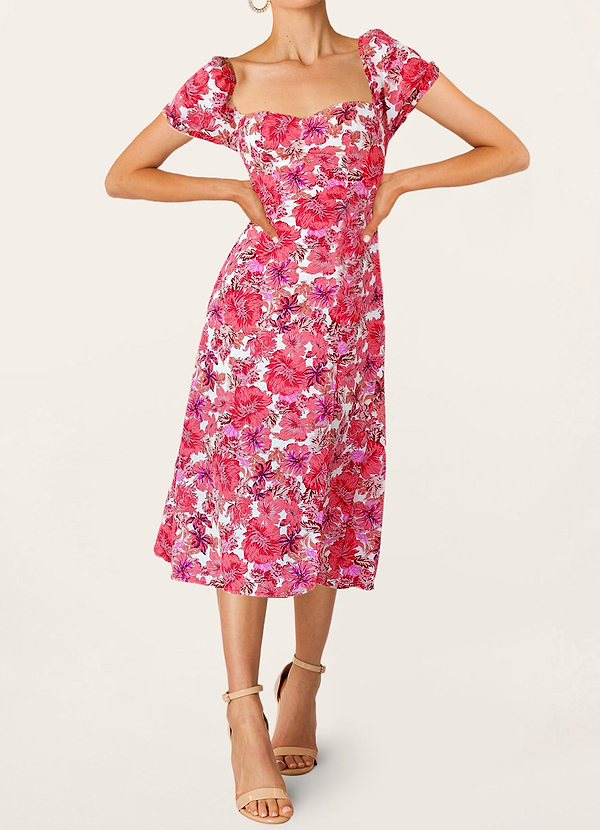 Red Loma Linda Red Floral Print Puff Sleeve Midi Dress Dresses | Azazie