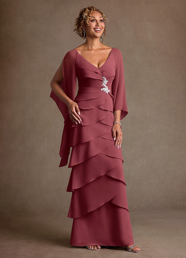 Azazie Arabinda Brautmutterkleider Etui Gestreift Chiffon Kleid Merlot image1