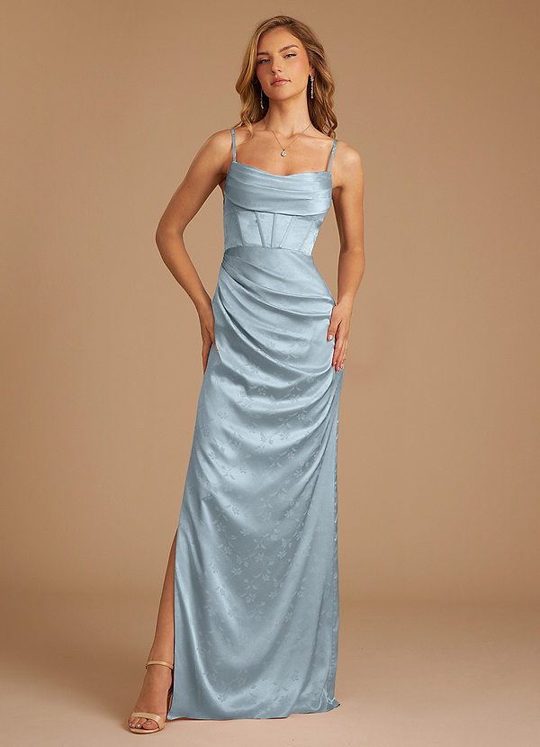 Azazie Mai Bridesmaid Dresses Blue Floral Jacquard Sheath Pleated Floral Jacquard Dress image1