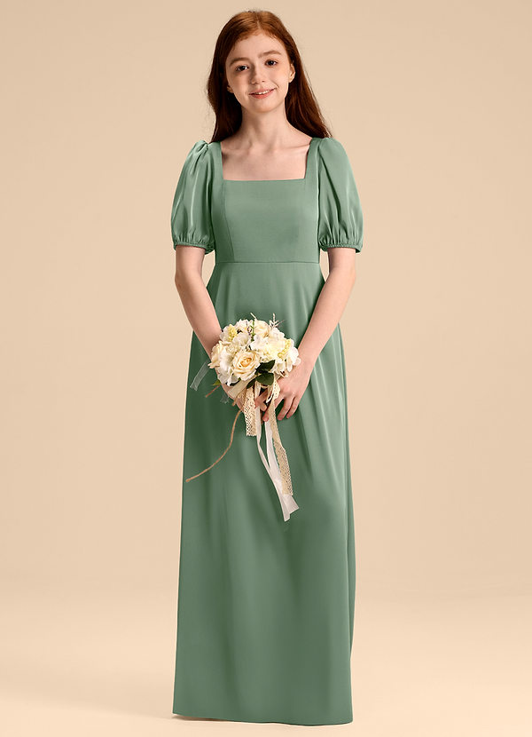 Azazie Briar Junior Abito A-Line in Raso Elasticizzato Fiocco Matcha image1
