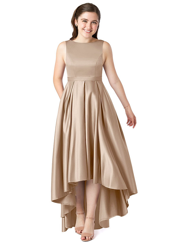 Azazie Inaya Junior Taupe A-Line with Belt Stretch Satin Dress image1