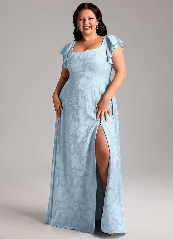Azazie Bondi Bridesmaid Dresses Sky Blue A-Line Side Slit Floral Burnout Dress image1