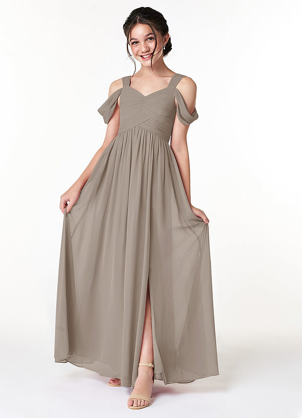 Azazie Lianne Junior Taupe A-Line Off the Shoulder Chiffon Dress image1
