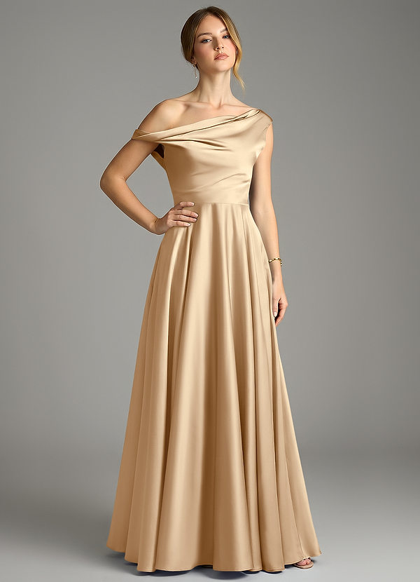 Azazie Xanthe Bridesmaid Dresses Champagne A-Line Off the Shoulder Stretch Satin Dress image1