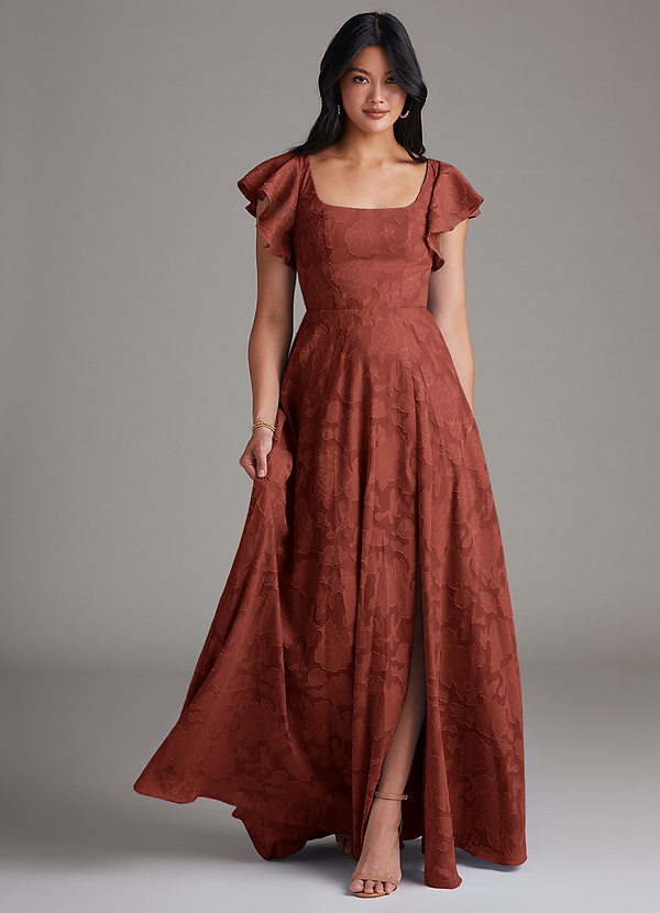 Azazie Bondi Bridesmaid Dresses Terracotta A-Line Side Slit Floral Burnout Dress image1