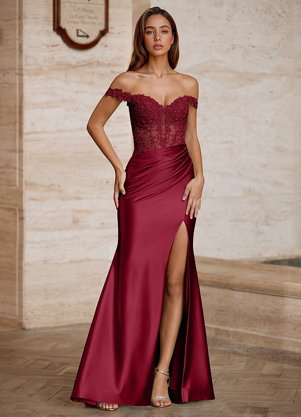 Wrentino Burgundy Embroidered Appliqué Satin Prom Dress image1