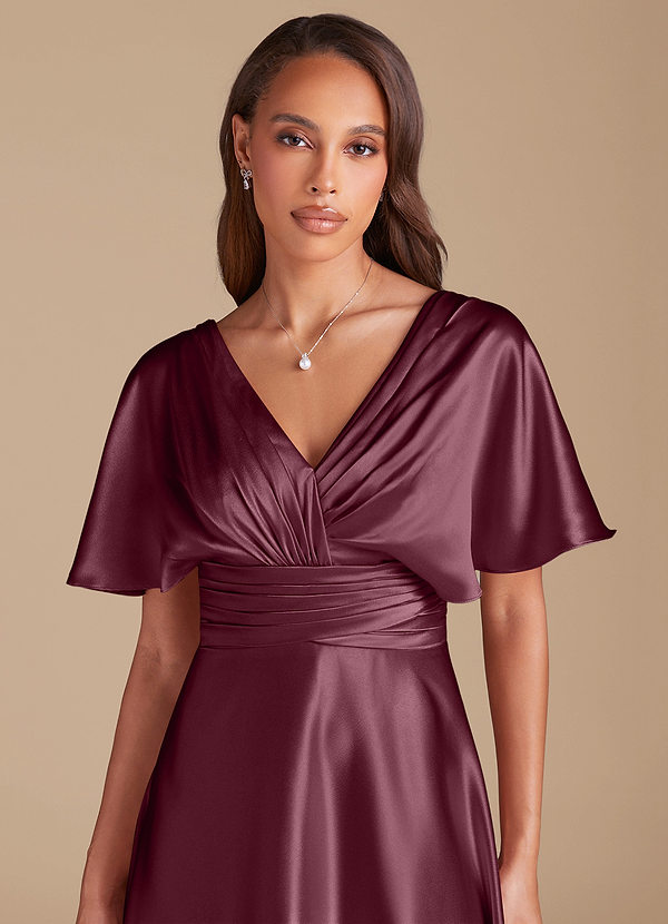 Azazie Pamela Bridesmaid Dresses Cabernet A-Line Pleated Metallic Satin Dress image1