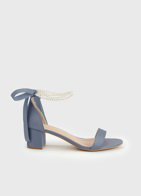 front Matching Color Matte Satin Pearl and Bow Open Toe Chunky Heel Sandals