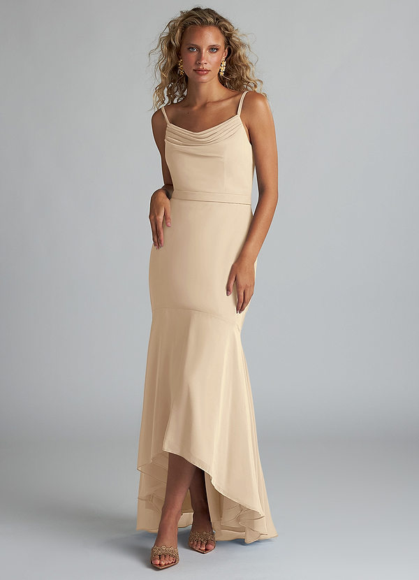 Azazie Summer Bridesmaid Dresses Champagne Mermaid Scoop Cowl Chiffon Dress image1